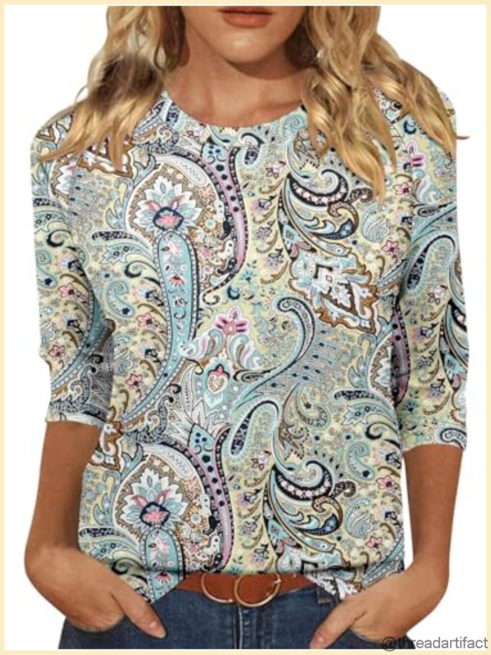 KISSMODA Womens Pleated Round Neck 3/4 Sleeve Tunic Top Loose Casual